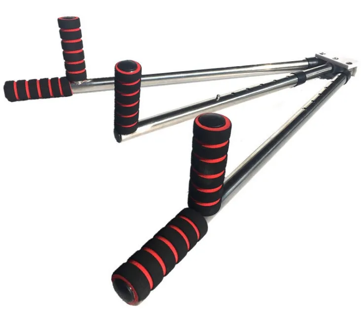 Cross fork lacing artifact leg stretcher with two extension bars, centre handle, and soft foam grips in black