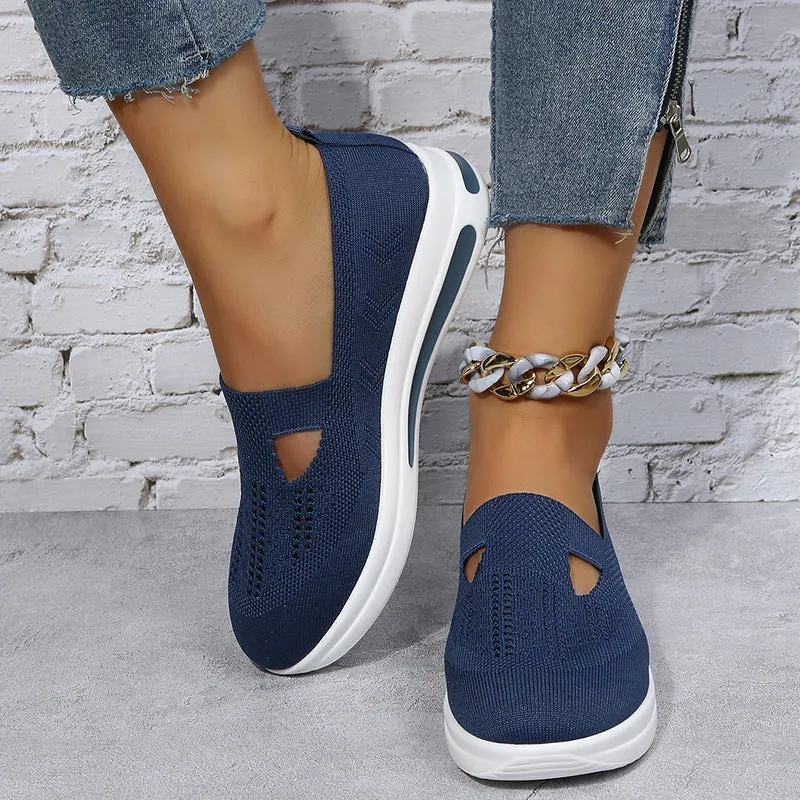 Flat platform wedge casual sneakers with car stitching mesh upper in solid colour black blue pink