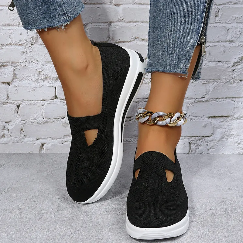 Flat platform wedge casual sneakers with car stitching mesh upper in solid colour black blue pink