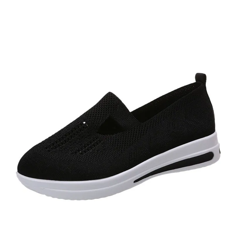 Flat platform wedge casual sneakers with car stitching mesh upper in solid colour black blue pink