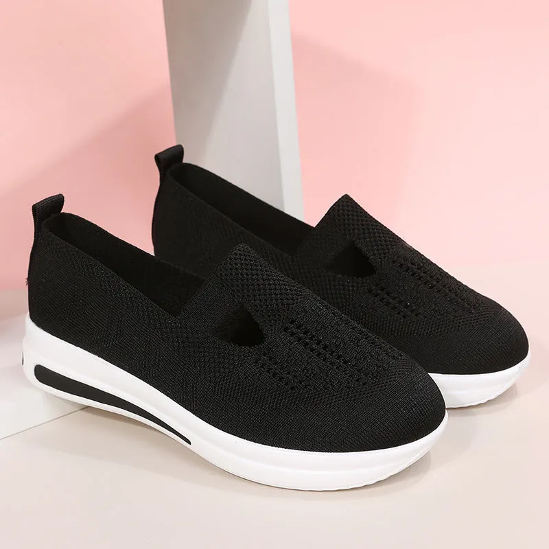 Flat platform wedge casual sneakers with car stitching mesh upper in solid colour black blue pink