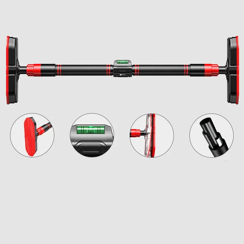 Black steel pipe pull-up bar with EVA and PVC grips installed in a door frame, adjustable 66-90cm