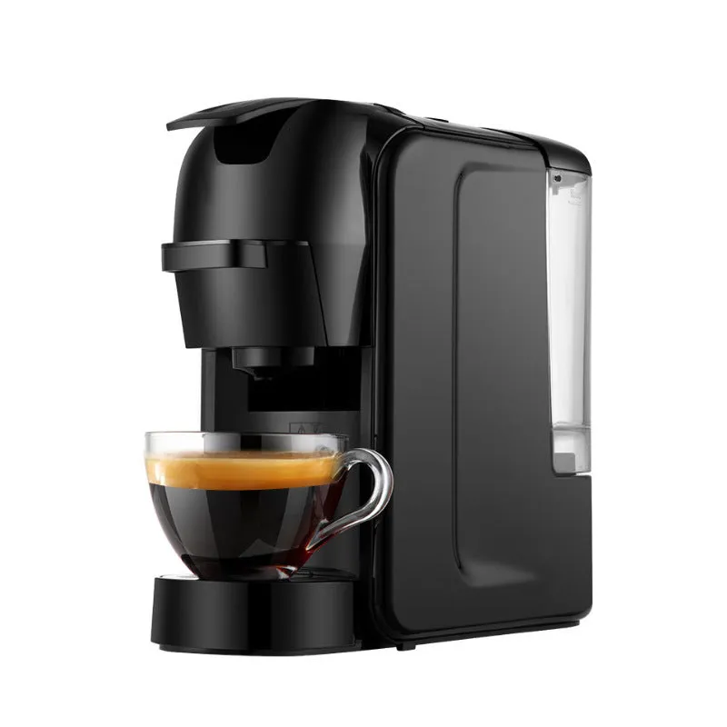 Black semi-automatic Italian style pump coffee machine with 600ml tank and ABS body on a kitchen countertop