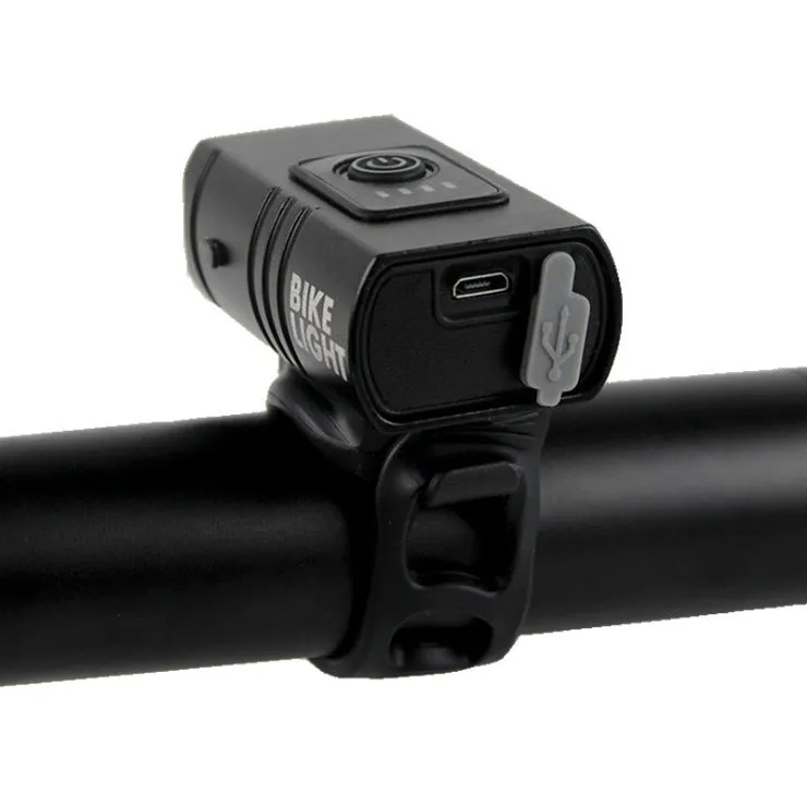 Outdoor cycling headlight with small double lamp design, T6 LED, 1600lm output, and red warning light on handlebar