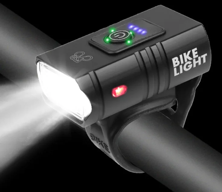 Outdoor cycling headlight with small double lamp design, T6 LED, 1600lm output, and red warning light on handlebar