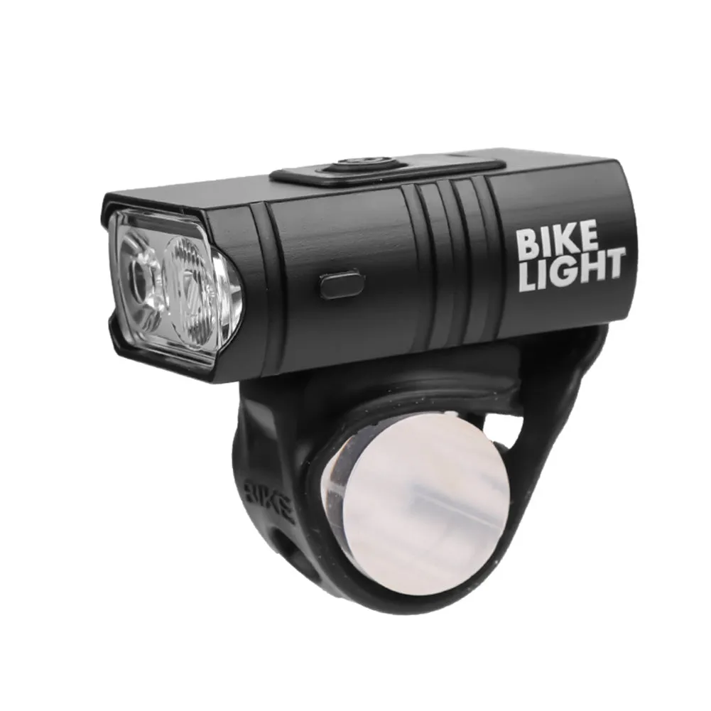 Outdoor cycling headlight with small double lamp design, T6 LED, 1600lm output, and red warning light on handlebar