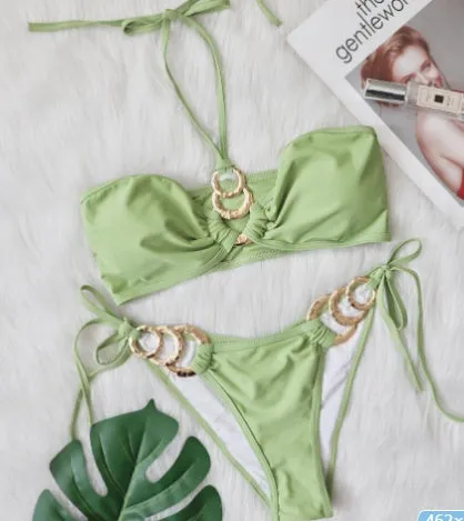 Plain green polyester bikini set for ladies, bra and shorts, sizes S M L