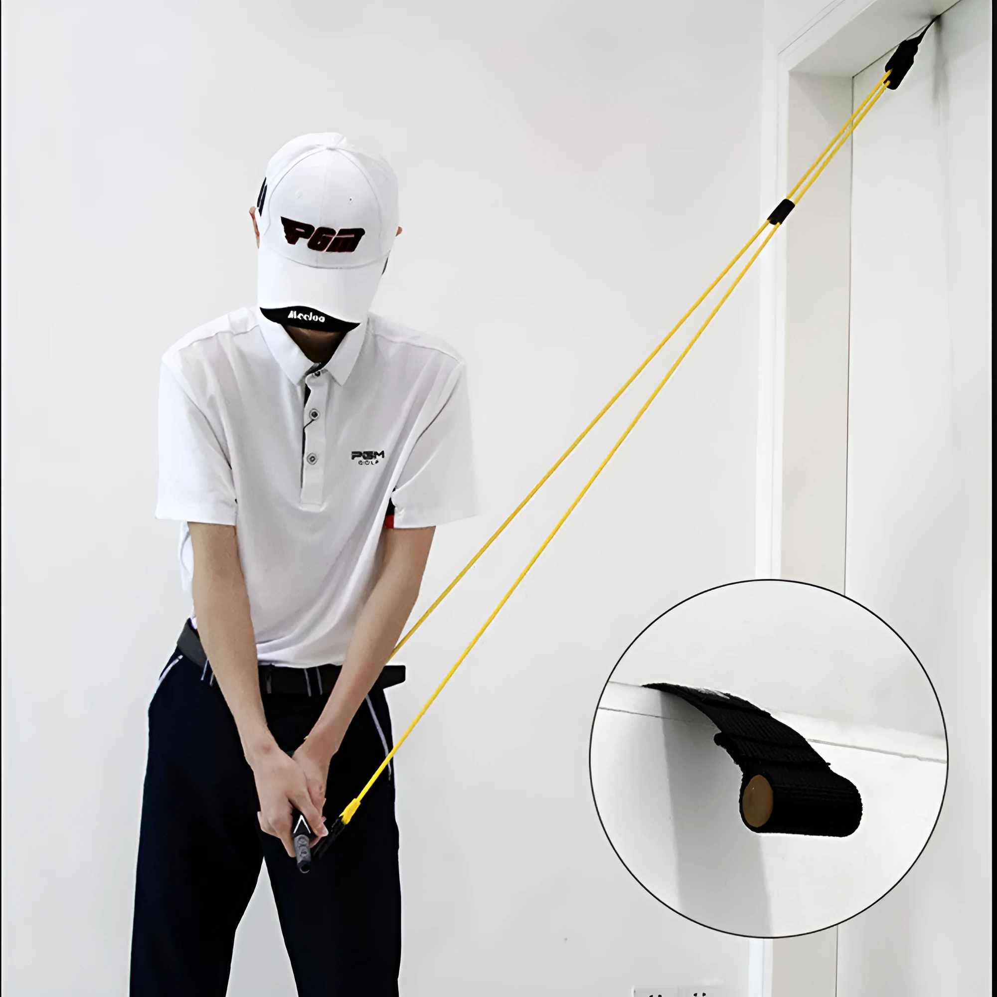 Yellow latex swing tensioner with safety door buckle and carry bag for posture training