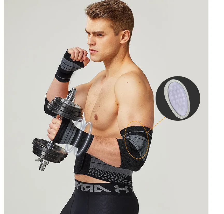 Nylon sports protective gear set with ankle brace, elbow pads, palm guard, and waist support on white background