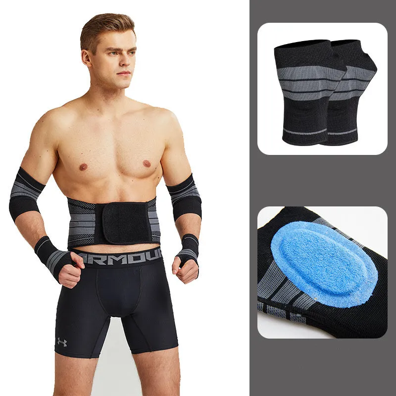 Nylon sports protective gear set with ankle brace, elbow pads, palm guard, and waist support on white background