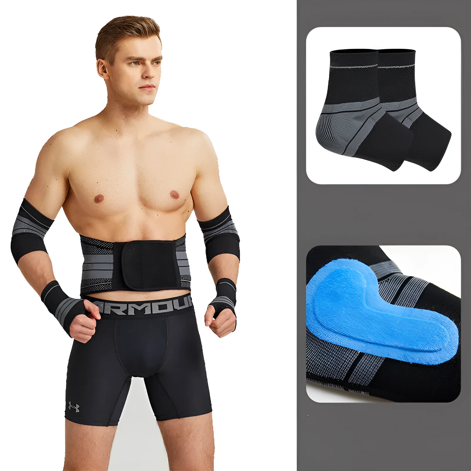 Nylon sports protective gear set with ankle brace, elbow pads, palm guard, and waist support on white background