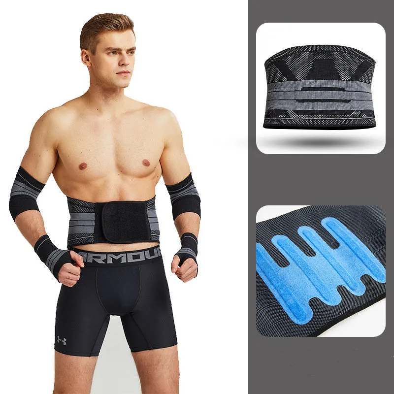 Nylon sports protective gear set with ankle brace, elbow pads, palm guard, and waist support on white background