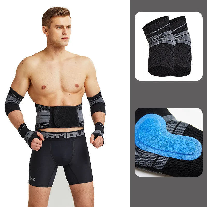Nylon sports protective gear set with ankle brace, elbow pads, palm guard, and waist support on white background