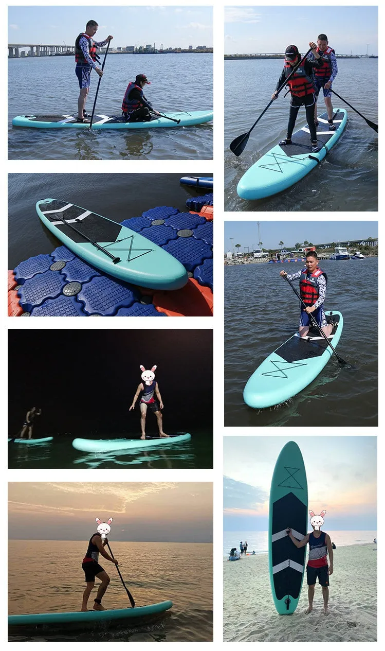 Inflatable stand up paddleboard 320x76cm green PVC with fin and foot rope on water