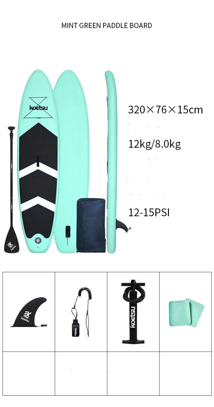 Inflatable stand up paddleboard 320x76cm green PVC with fin and foot rope on water