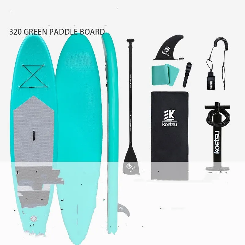 Inflatable stand up paddleboard 320x76cm green PVC with fin and foot rope on water