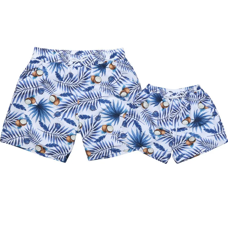 Blue printed quick drying cotton blend beach pants for men with elasticated waist