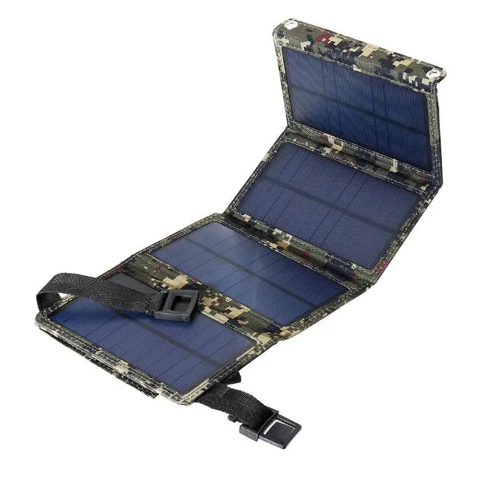 Foldable solar panel portable charger in black with compact folded size 185x115x25mm