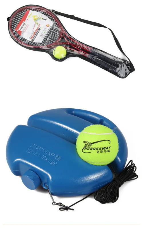 Tennis training device with rope and ball on base for solo rebound practice