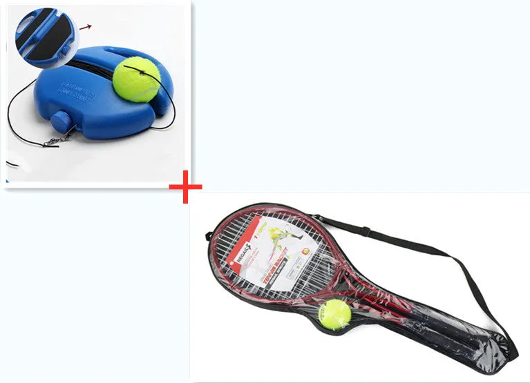 Tennis training device with rope and ball on base for solo rebound practice
