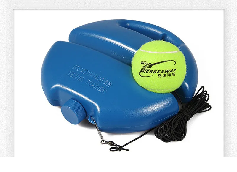 Tennis training device with rope and ball on base for solo rebound practice