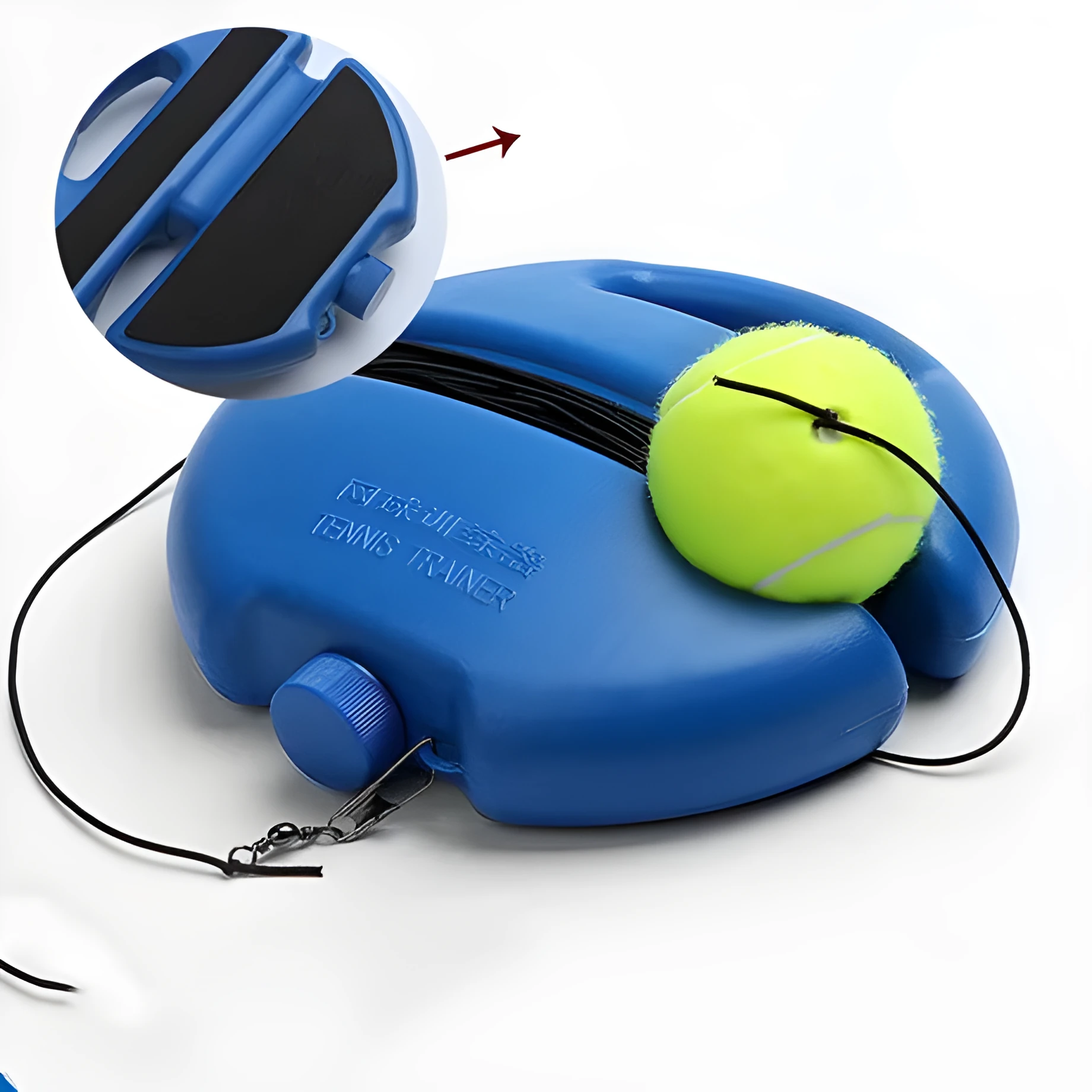 Tennis training device with rope and ball on base for solo rebound practice
