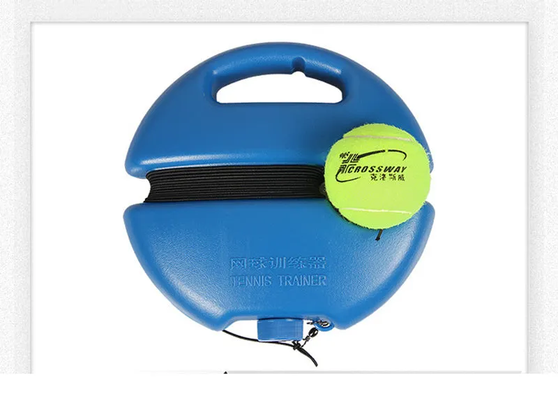 Tennis training device with rope and ball on base for solo rebound practice