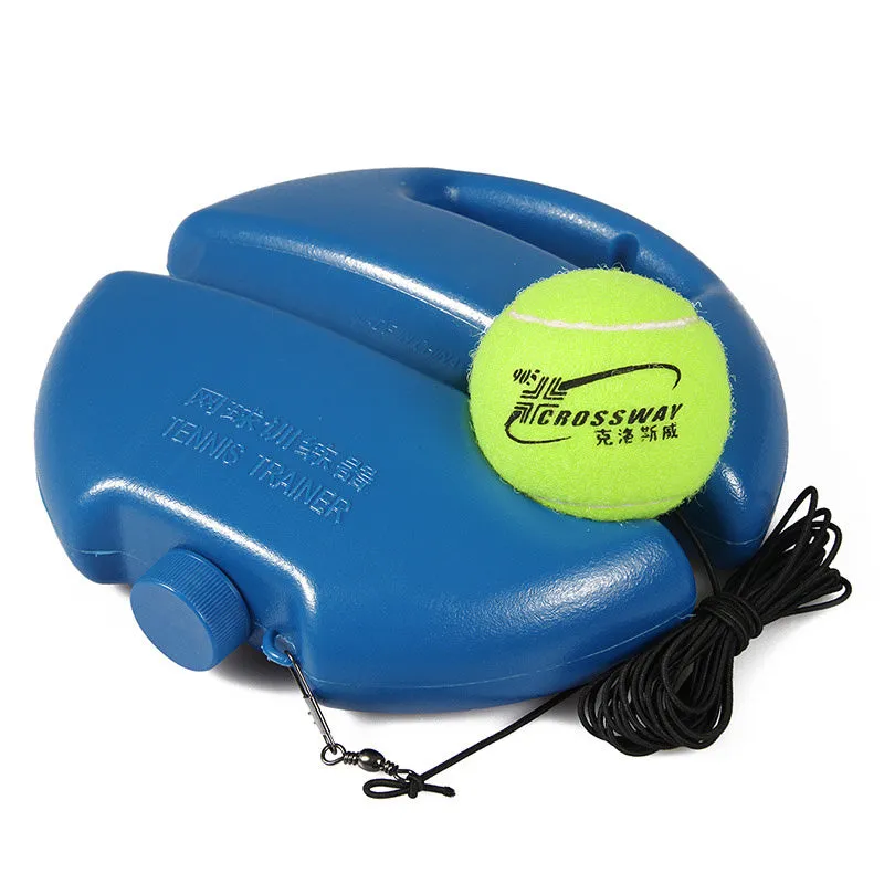 Tennis training device with rope and ball on base for solo rebound practice