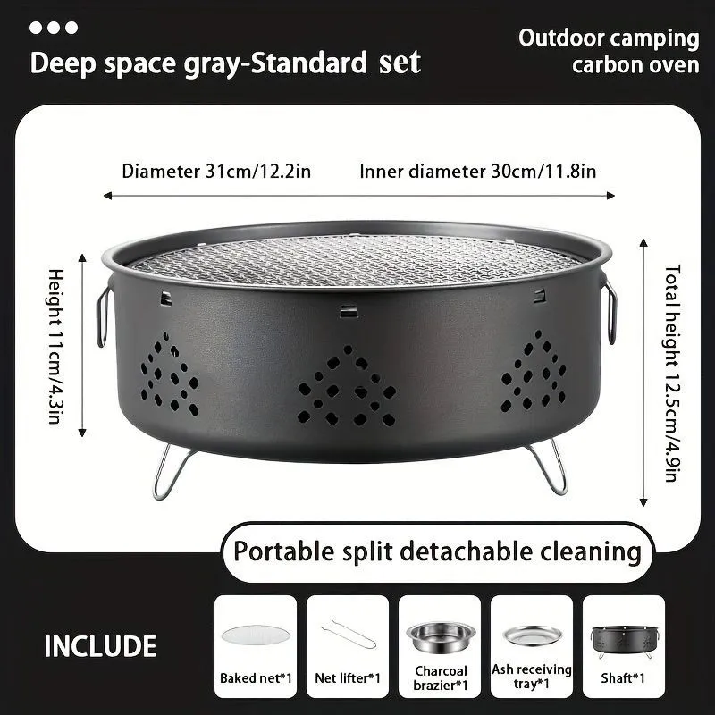Portable stainless steel barbecue grill with detachable parts on a grassy outdoor surface.