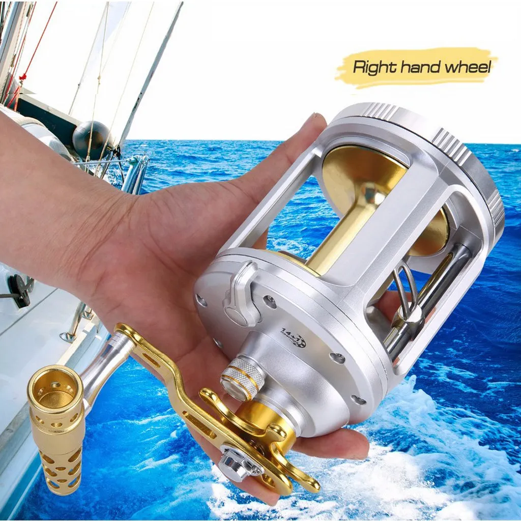 Silver metal sea fishing drum reel with CNC machined body, brass gears, star drag button, and large line spool