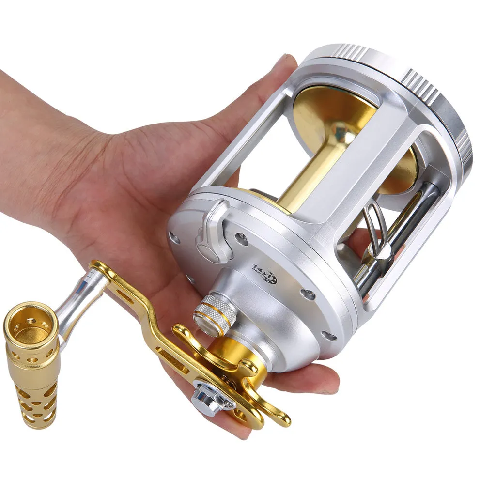 Silver metal sea fishing drum reel with CNC machined body, brass gears, star drag button, and large line spool
