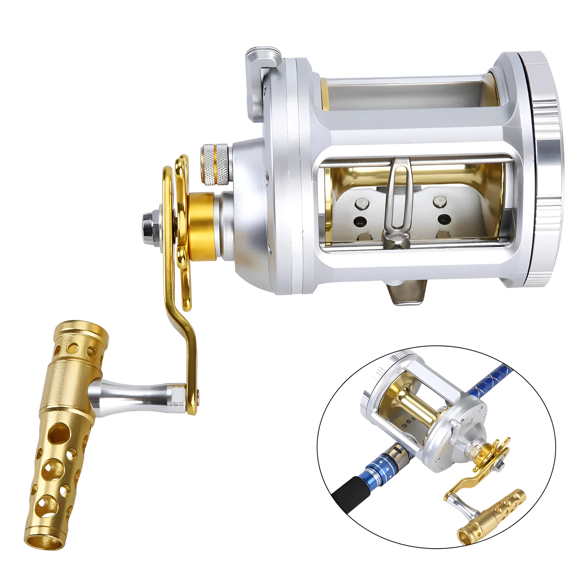 Silver metal sea fishing drum reel with CNC machined body, brass gears, star drag button, and large line spool