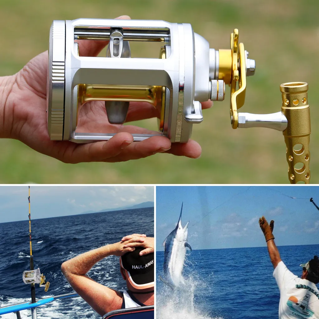 Silver metal sea fishing drum reel with CNC machined body, brass gears, star drag button, and large line spool