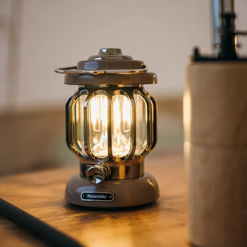 Rechargeable camping lantern in Sundial Yellow with iron and ABS construction, Type-C charging, 5000mAh battery, and 130 lumens adjustable brightness