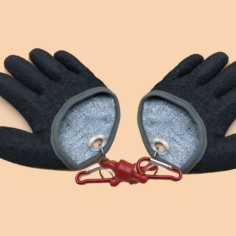 Fish catching gloves in black cut-resistant material for anglers, size M L XL options