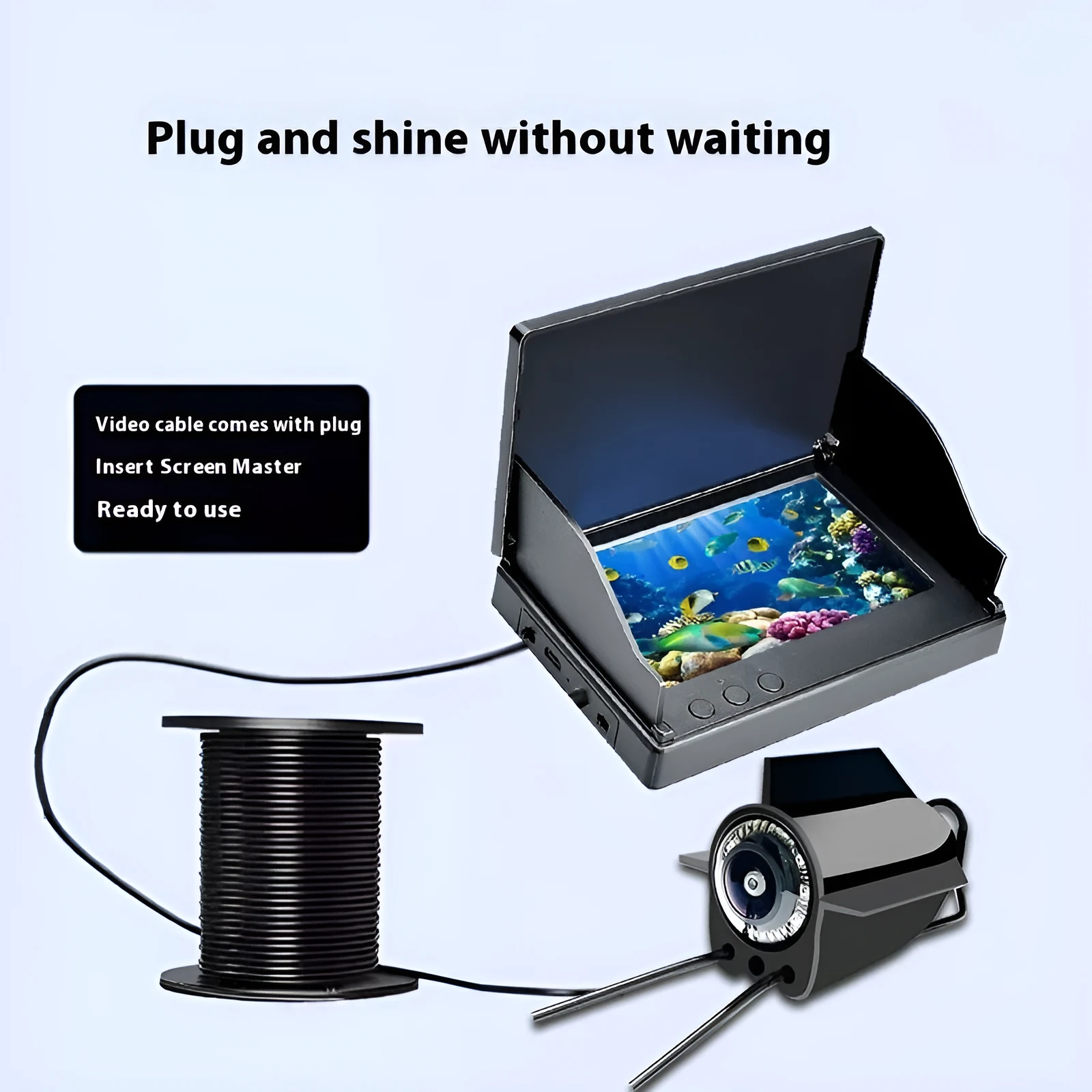 Underwater fish finder HD camera with 4.3-inch IPS screen, showing night vision lights and choice of 15m, 20m, or 30m cable.
