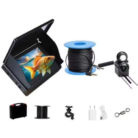 Underwater fish finder HD camera with 4.3-inch IPS screen, showing night vision lights and choice of 15m, 20m, or 30m cable.