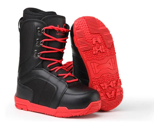 Men's black ski boots with tie laces, rubber outsole, and EVA midsole on a white background