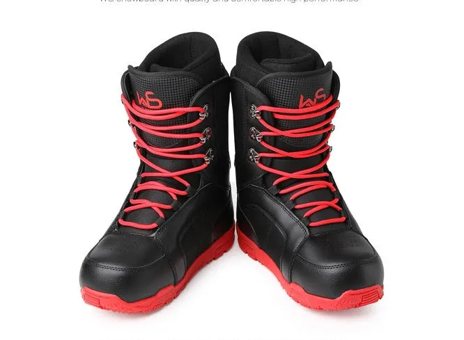 Men's black ski boots with tie laces, rubber outsole, and EVA midsole on a white background
