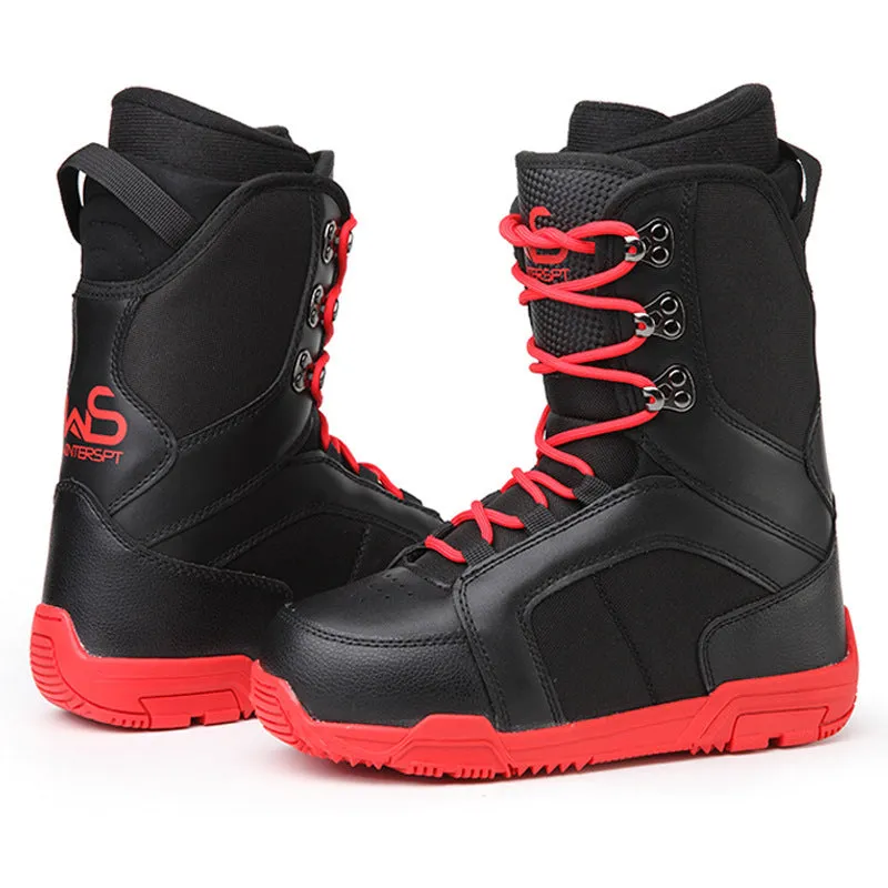 Men's black ski boots with tie laces, rubber outsole, and EVA midsole on a white background