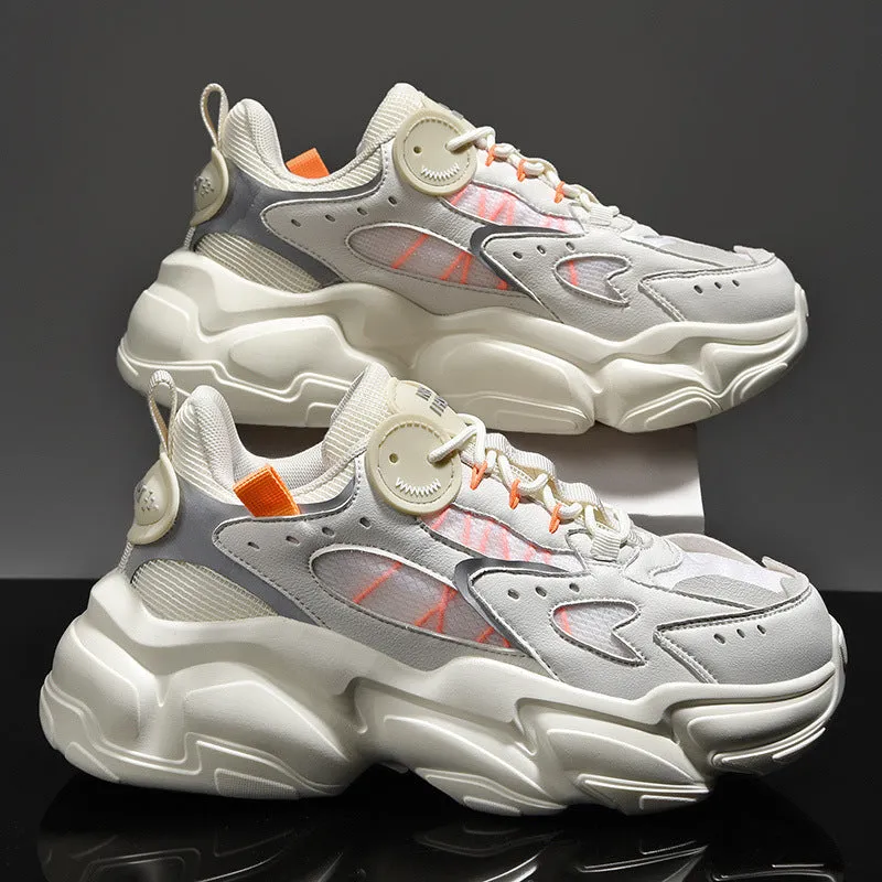 Men's PU running sports shoes in beige with stitching detail, side view