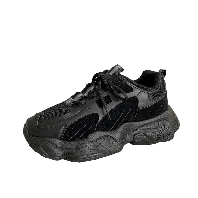 Mesh sneakers low-top casual daddy shoes black colour artificial PU upper