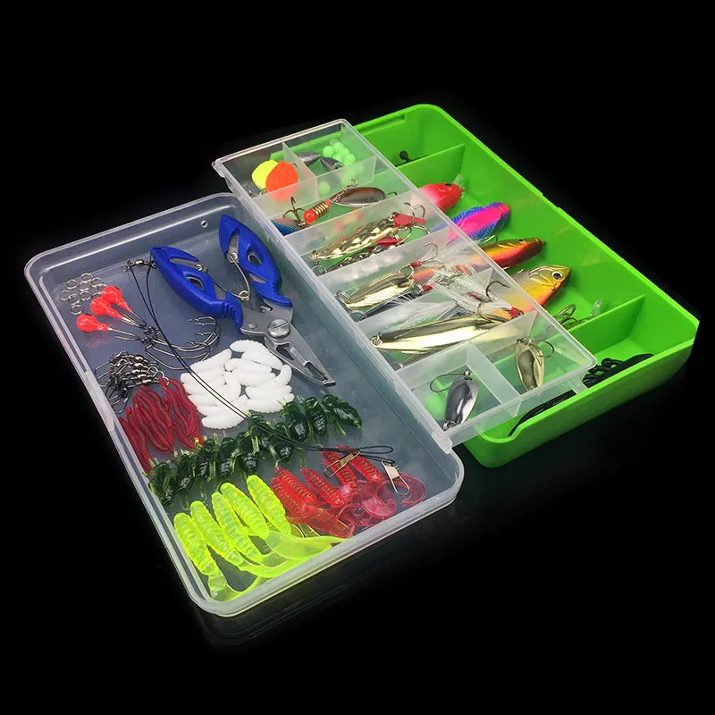 Multifunctional swimming fishing lure set in box with plastic bodies and high carbon steel hooks, 370g net weight
