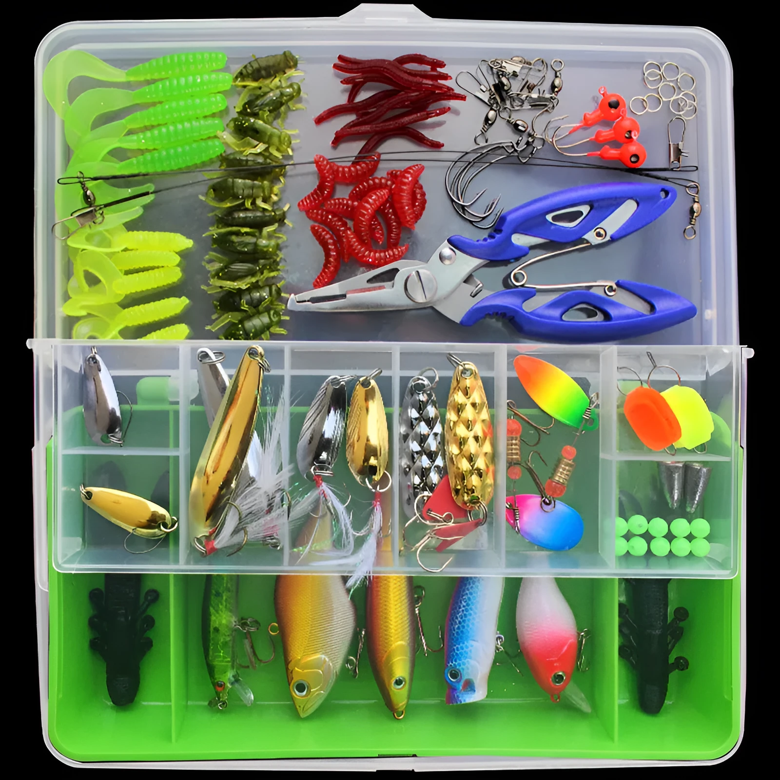 Multifunctional swimming fishing lure set in box with plastic bodies and high carbon steel hooks, 370g net weight