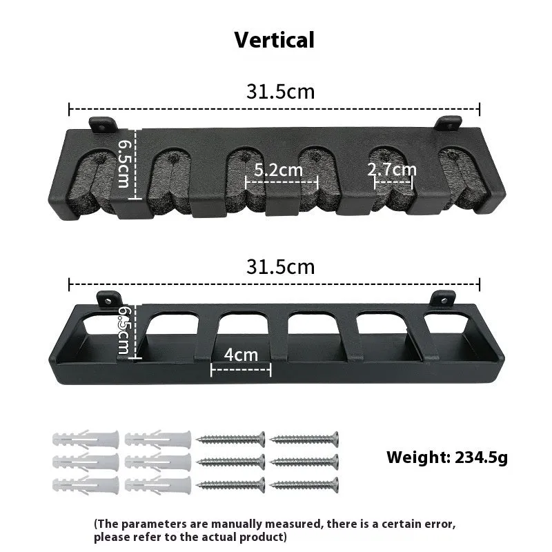 Black ABS plastic wall-mounted fishing rod holder in horizontal and upright display orientations