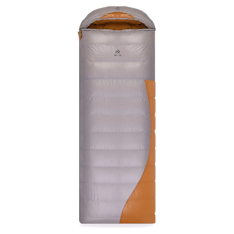 Outdoor camping envelope down sleeping bag in khaki grey with white goose down fill and nylon shell