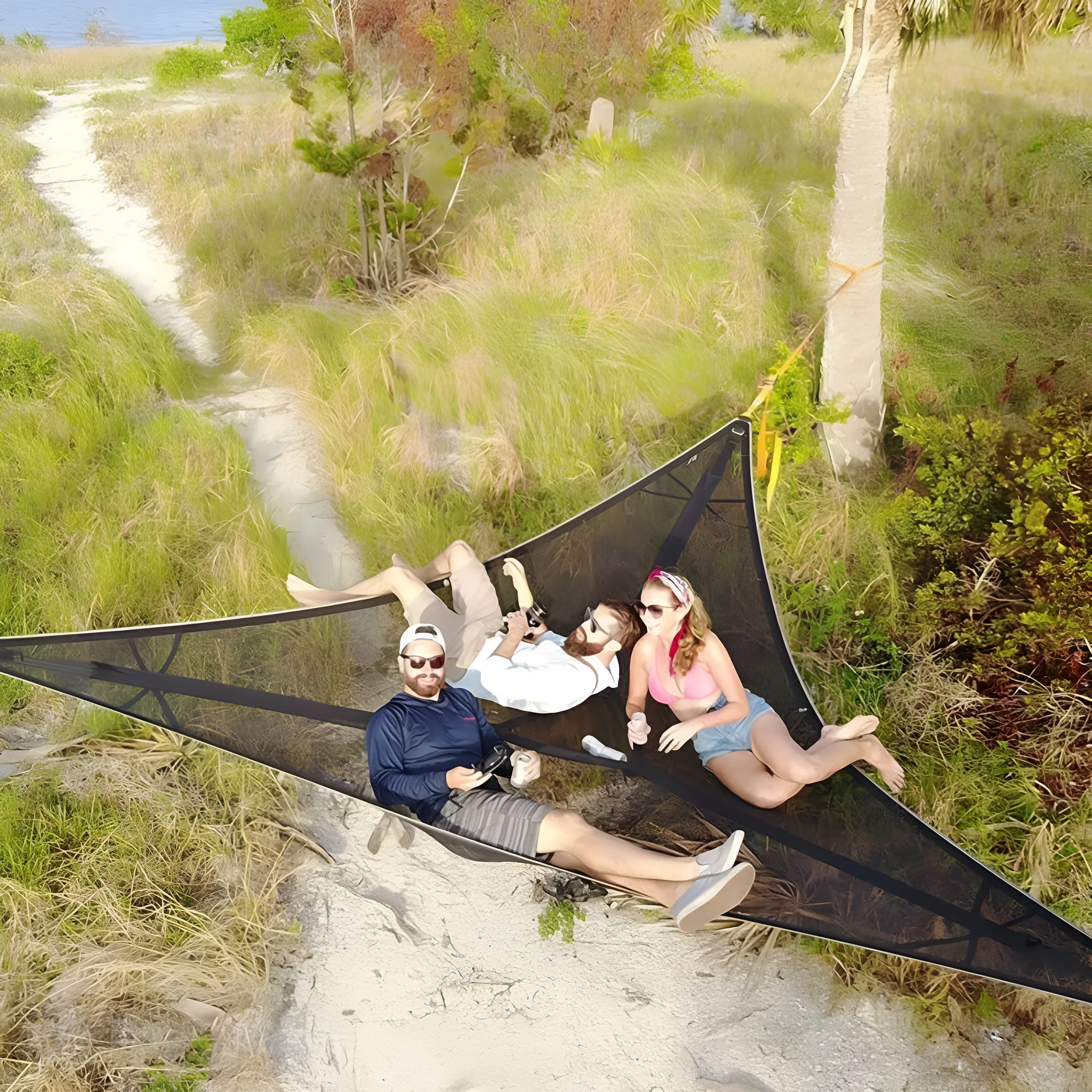 Black polyester portable multi-person triangle hammock lying on grass with trees in background