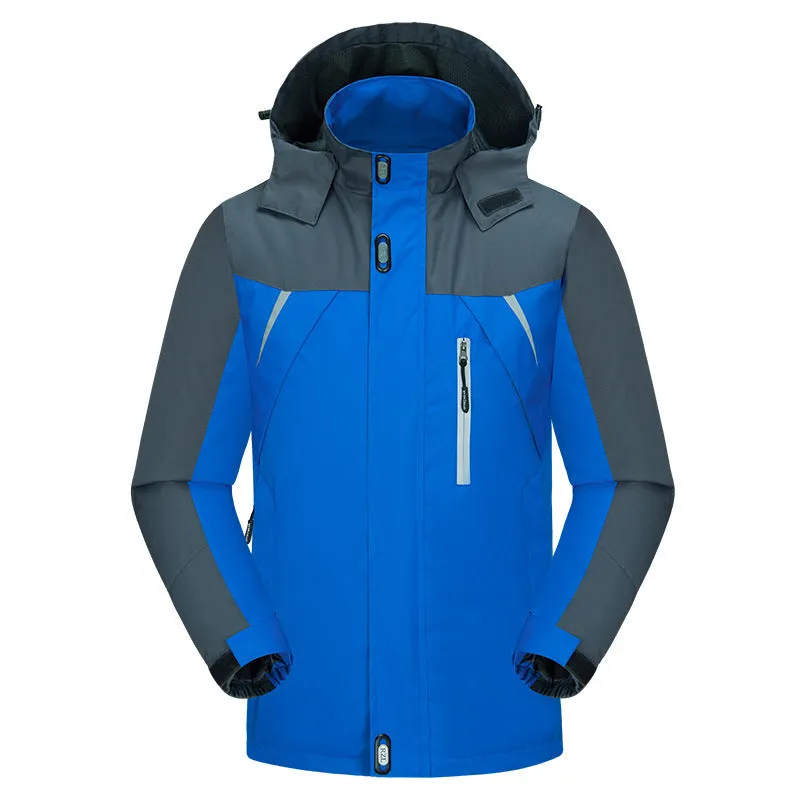 Men's waterproof breathable wear-resistant jacket in black, polyester fabric, plus velvet lining, full zip front