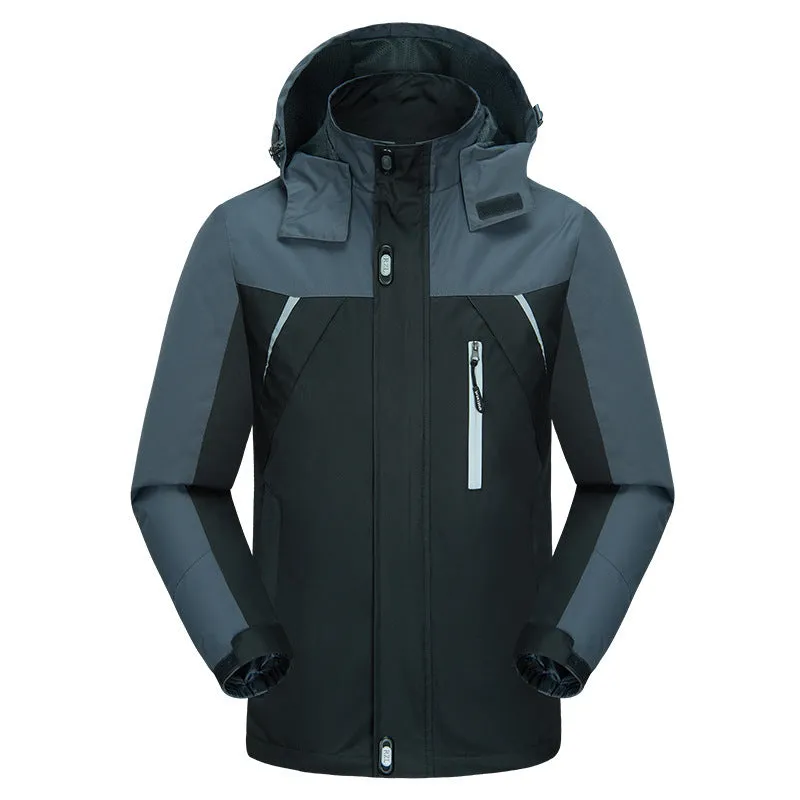 Men's waterproof breathable wear-resistant jacket in black, polyester fabric, plus velvet lining, full zip front
