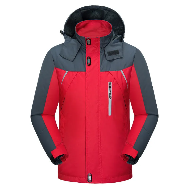 Men's waterproof breathable wear-resistant jacket in black, polyester fabric, plus velvet lining, full zip front